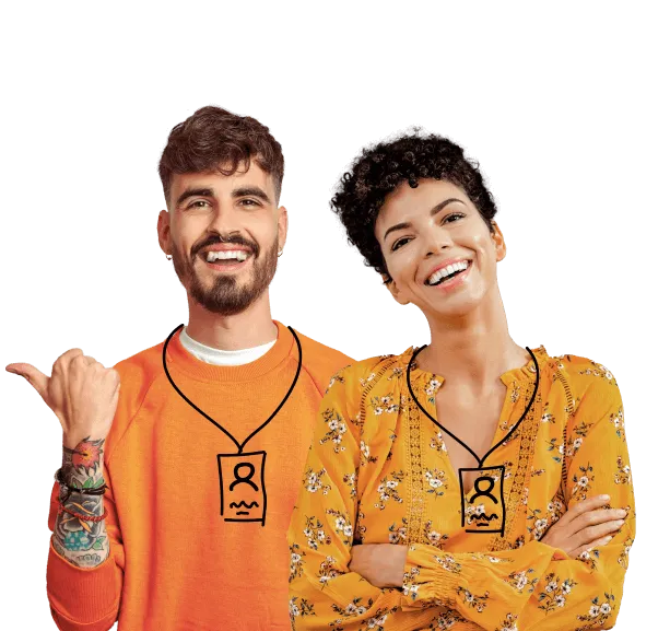 Jovens sorridentes diversos com crachas desenhados